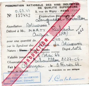 Certification de vins de qualité supérieure pour une cuve de 240 hectolitres. Daté du 3 février 1964.